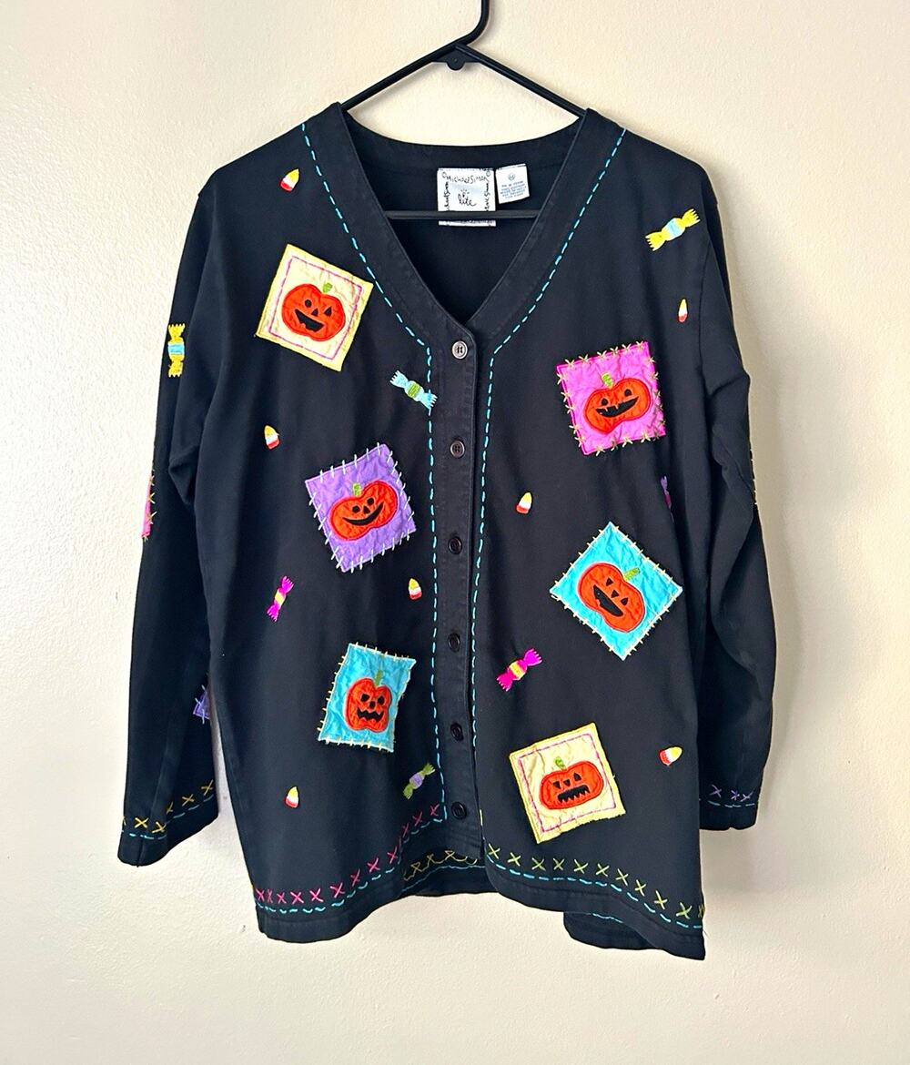 Vintage Michael Simon Lite Halloween Pumpkin Candy Patchwork Cardigan Sweater M